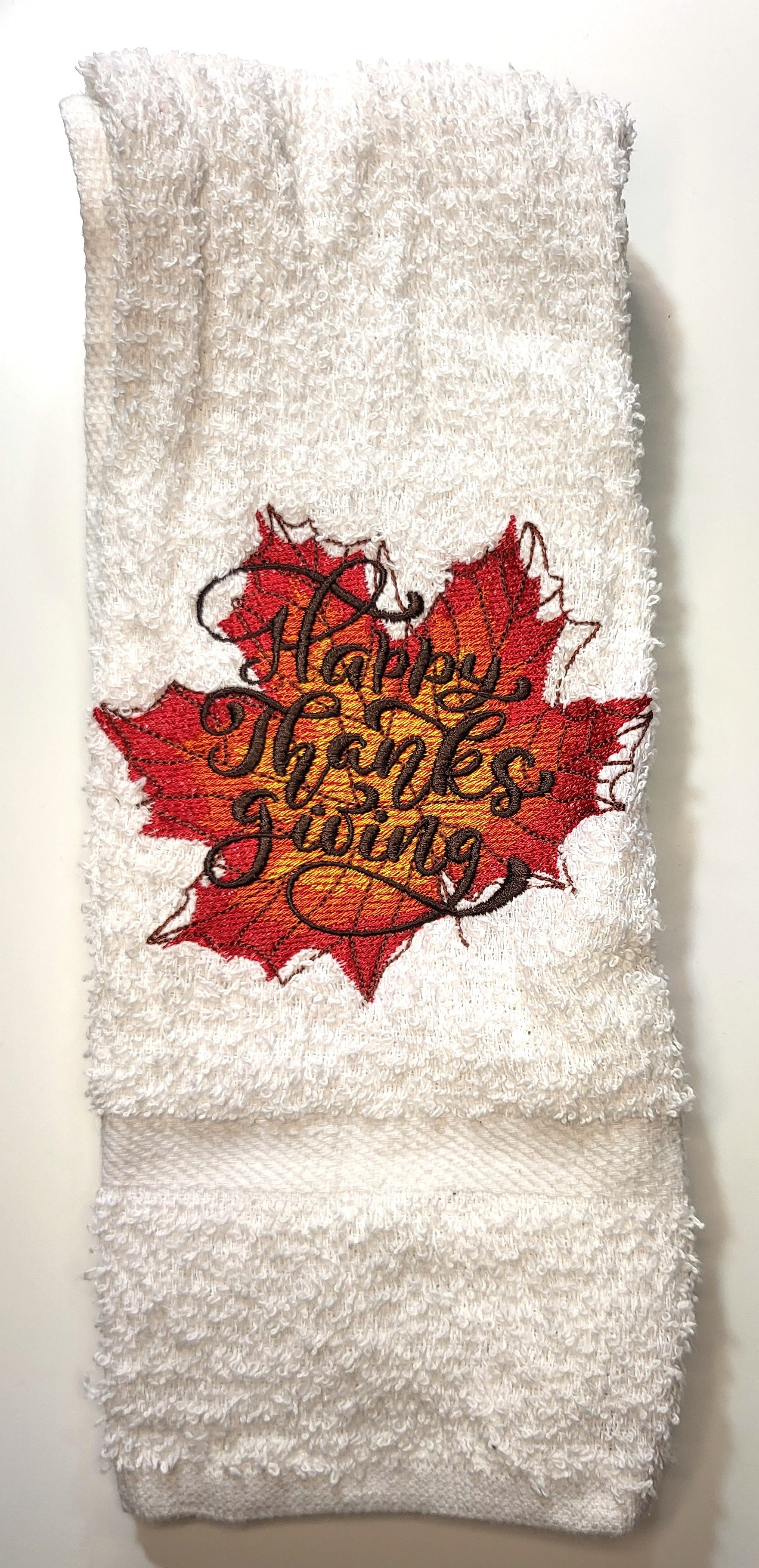 Embroidered Towel "Happy Thanksgiving" with Autumn Leaf
