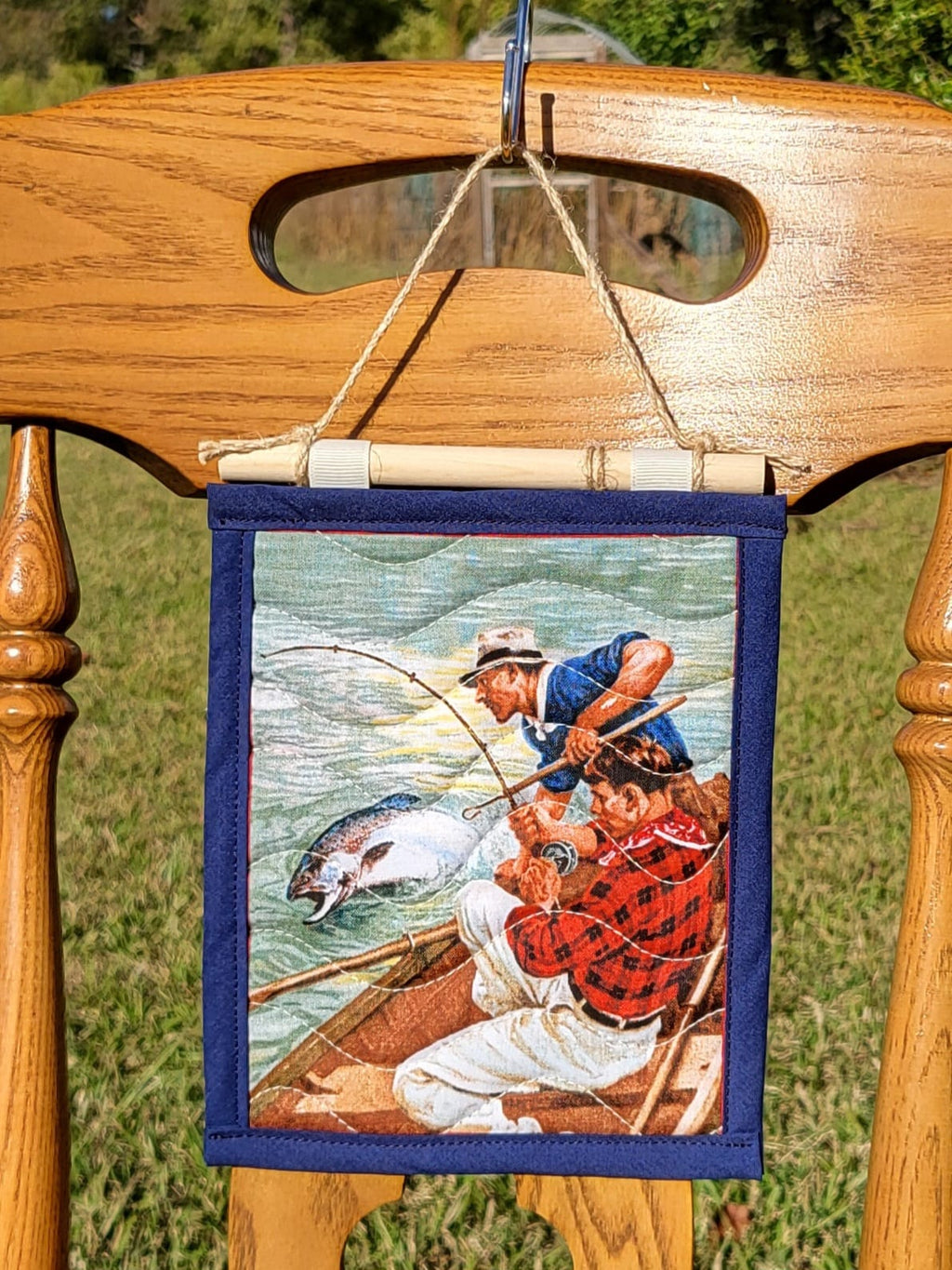 Angler Quilted Wall Hanging – Hand-Guided Longarm Fiber Art (6″ × 8″)