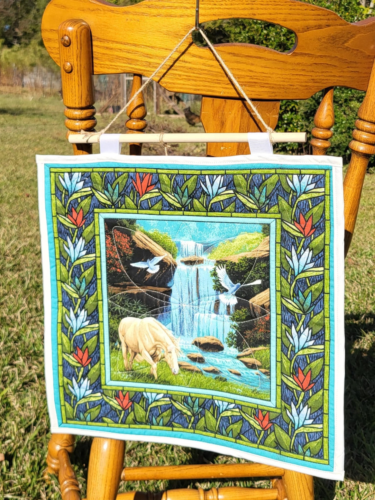 Beside Peaceful Waters Quilted Wall Hanging – Hand-Guided Longarm Fiber Art (16″ × 15″)