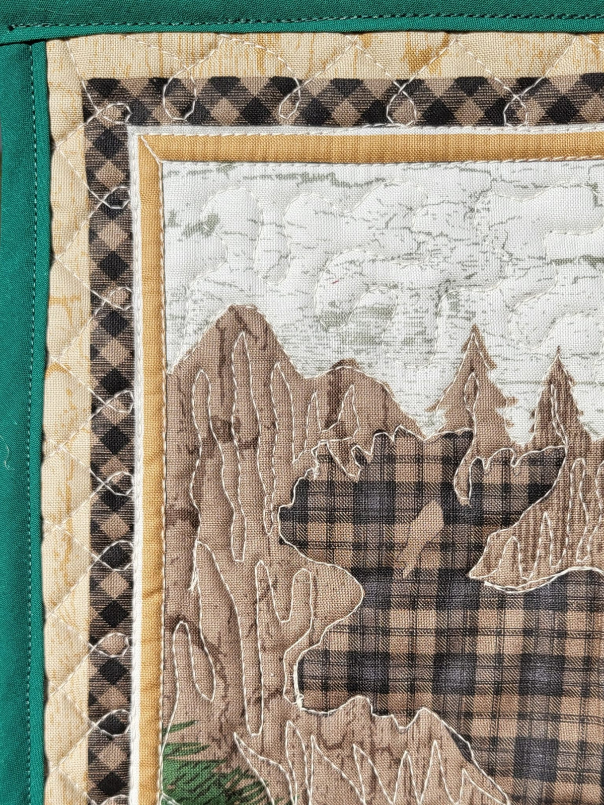 Cabin Moose Quilted Wall Hanging – Hand-Guided Longarm Fiber Art (12″ × 12″)