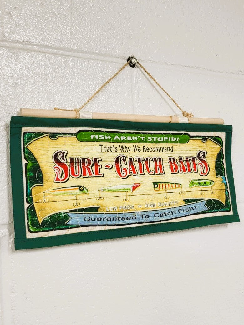 Sure-Catch Baits Quilted Wall Hanging – Hand-Guided Longarm Fiber Art (12″ × 6″)