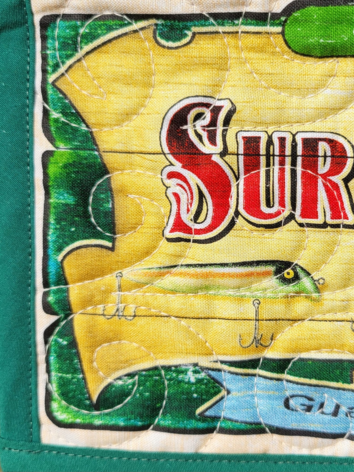 Sure-Catch Baits Quilted Wall Hanging – Hand-Guided Longarm Fiber Art (12″ × 6″)
