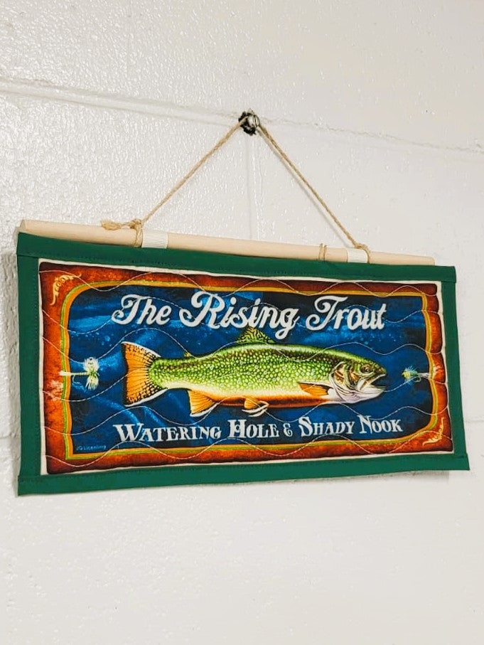 The Rising Trout Quilted Wall Hanging – Hand-Guided Longarm Fiber Art (12″ × 6″)